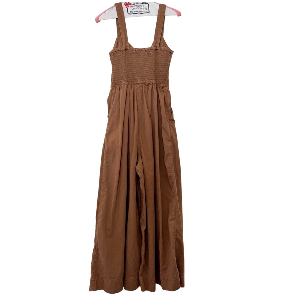 Aerie Twill Denim Cut Out Wide Leg Jumpsuit, Smocked Back, Camel Brown, Size XL - Picture 2 of 5